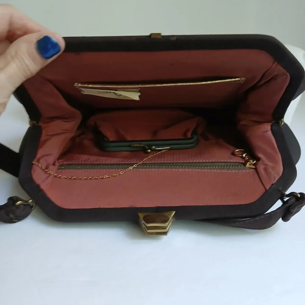 Vintage Brown Grosgrain Gold Art Deco Clasp Handbag with Cute Attached Purse
